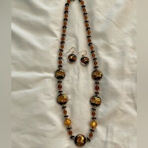 Amber, Black and Gold Leaf Murano like Necklace and Earring Set